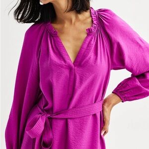 Sonoma Split Neck Ruffled Belted Hot Pink XXL Long Sleeve Dress NWT
